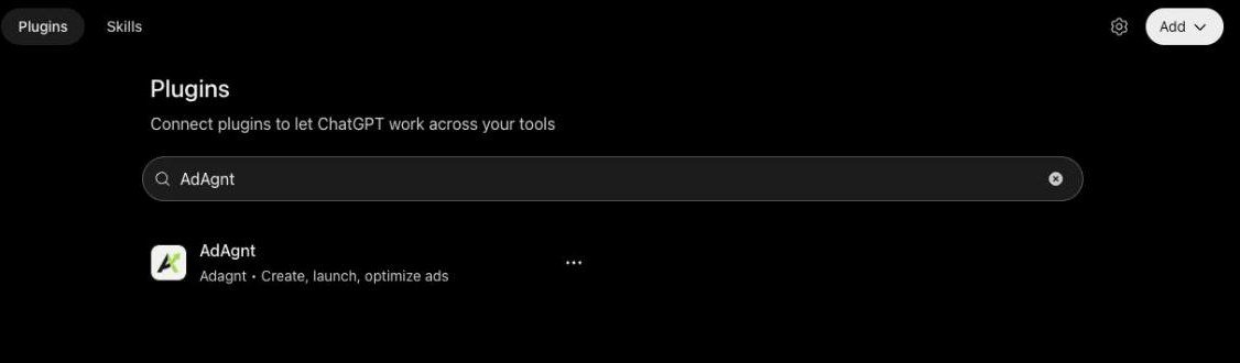 ChatGPT Plugins page with AdAgnt typed in the search box and the AdAgnt listing by Adagnt shown as the result