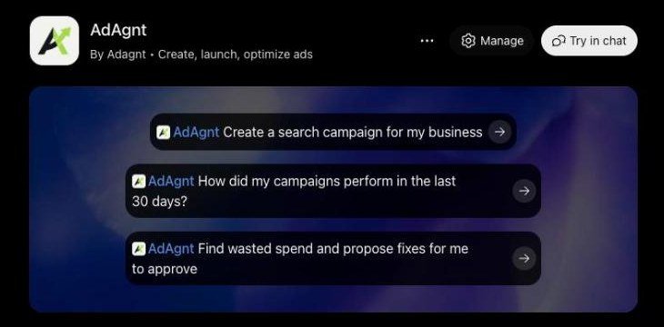 The AdAgnt plugin listing in ChatGPT, after installation, with Manage and Try in chat buttons and three example prompts