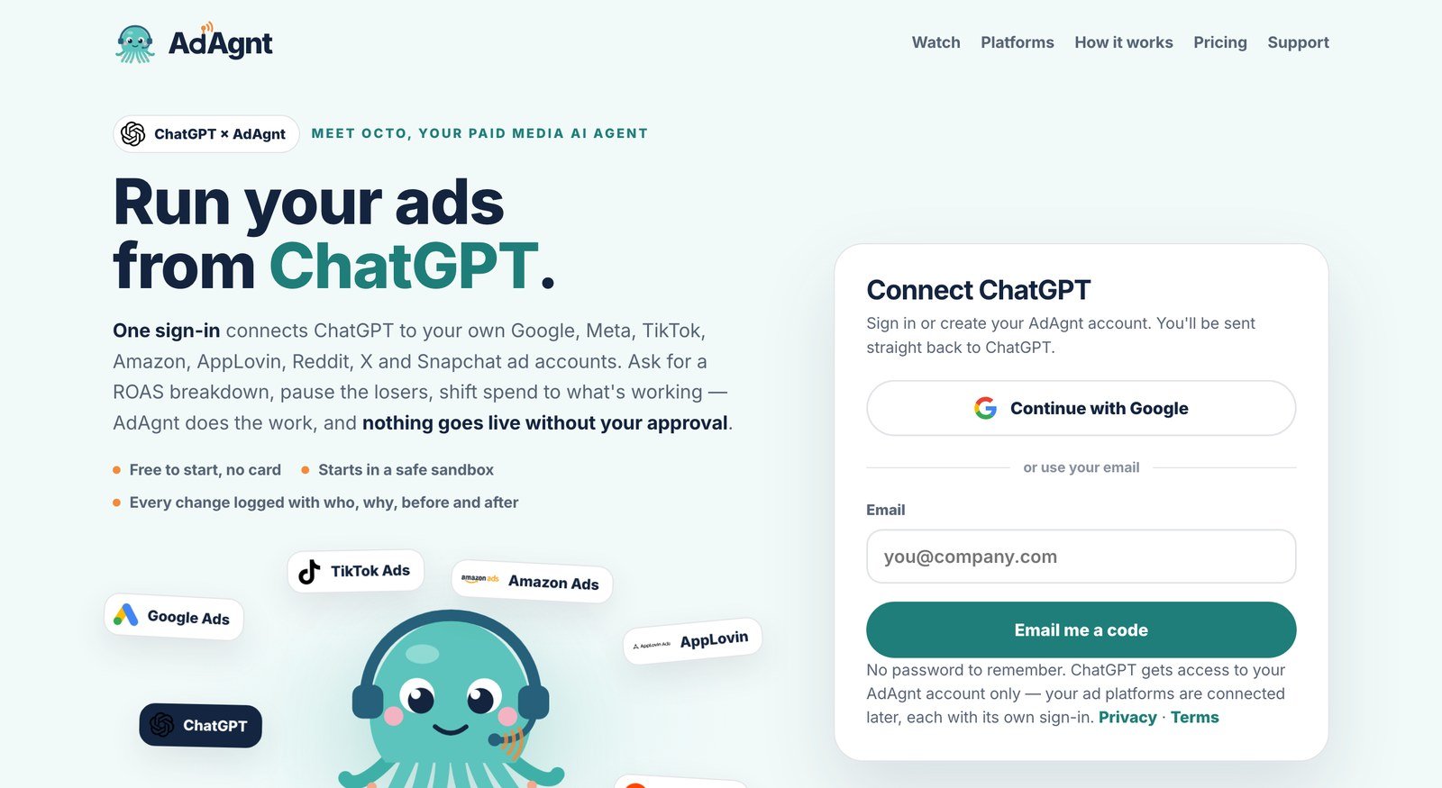 AdAgnt sign-in page titled Connect ChatGPT, with Continue with Google and an email code option