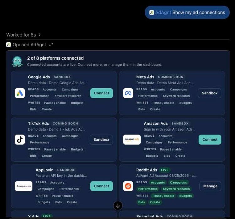 AdAgnt connections card in ChatGPT listing Google Ads, Meta Ads, TikTok Ads, Amazon Ads, AppLovin, Reddit Ads, X Ads and Snapchat Ads with their status and Connect buttons