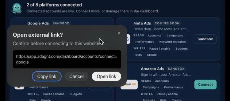 ChatGPT dialog asking to confirm opening the AdAgnt connect link
